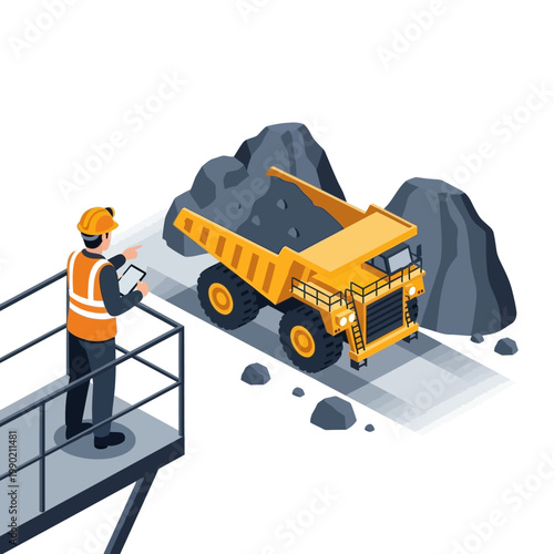 Miner Inspecting Large Dump Truck at Mining Site.