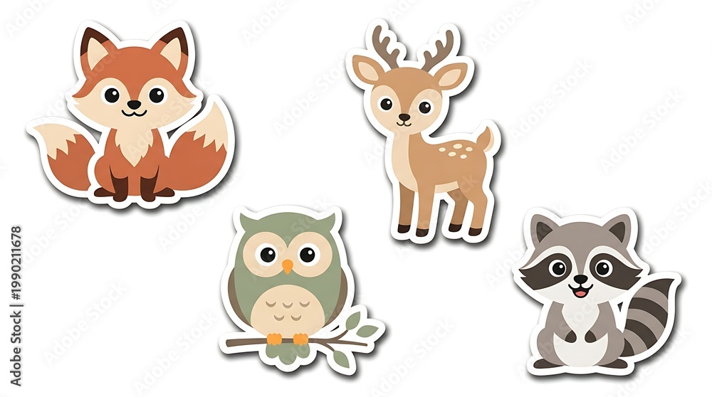 Fototapeta premium Collection of cute woodland forest animal stickers with fox deer owl and raccoon vector illustration isolated on white background