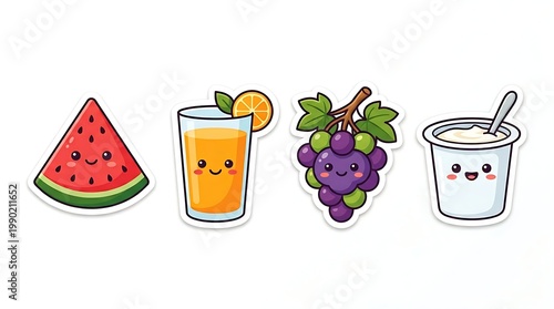 Set of cute kawaii food stickers featuring watermelon orange juice grapes and yogurt in cartoon style