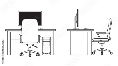 Modern professional office workspace setup with computer monitor, desk, and ergonomic chair in clean line art vector illustration, ready for remote work or study.