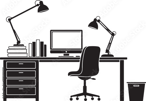 Black and white office desk with computer and chair lamps
