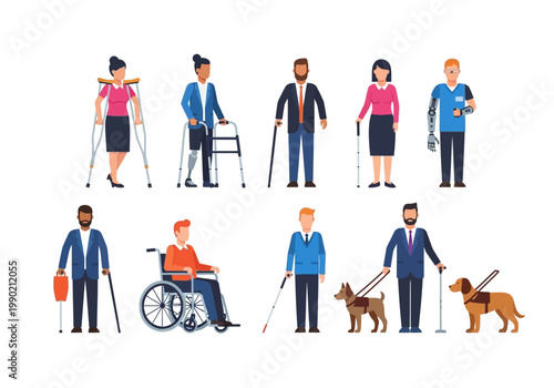 Diverse People with Disabilities Flat Vector Illustration Set: Concepts of Inclusion, Workplace Diversity, and Accessibility with Characters using Wheelchairs, Guide Dogs, and Prosthetics
