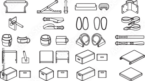 Variety of objects with minimalist black line design, highlighting the details and form of each element. This collection of tools.