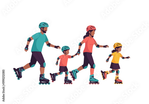 Family Rollerblading Together Vector Illustration - Father, Mother, and Kids Inline Skating with Safety Gear Isolated on White