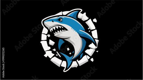 Aggressive Shark: A fierce and imposing shark breaks through a barrier, showcasing power and dominance. The illustration captures a moment of intense action.