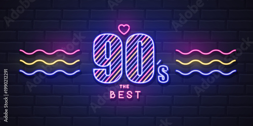 Retro Neon sign 90`s the best with fluorescent text, waves and heart. Vintage electric signboard. Vector illustration