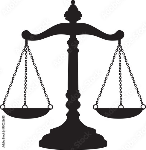 Silhouette of a justice scale representing balance and law isolated on a white background for legal concepts and design