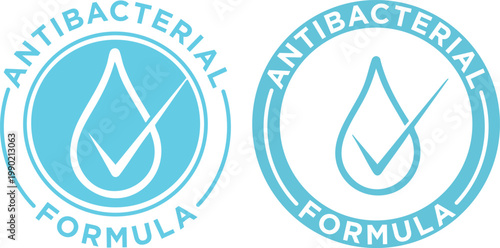 Antibacterial formula badge with water drop and checkmark clean hygiene symbol for product packaging and advertising