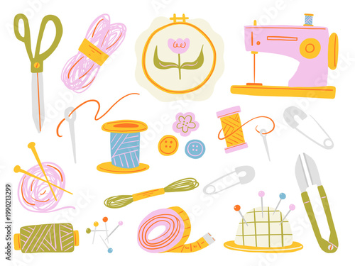 Hand drawn sewing tools set doodle tailoring supplies needle thread collection