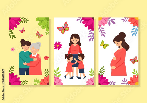 Set of Mother's Day Greeting Cards featuring Pregnant Woman, Mother with Children, and Grandmother with Daughter in Flat Vector Illustration Style