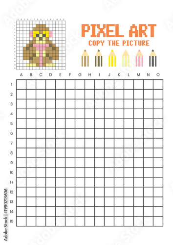 Copy the picture grid drawing worksheet for kids. Pixel art gibbon