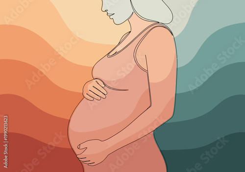 Minimalist Line Art Illustration of a Pregnant Woman Holding Her Belly on a Modern Abstract Wavy Background, Maternity and Motherhood Concept