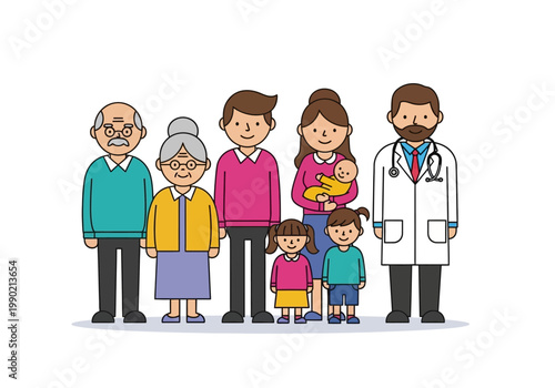 Happy multi-generational family standing with male doctor. Medical care, health insurance, and family practitioner concept vector illustration.