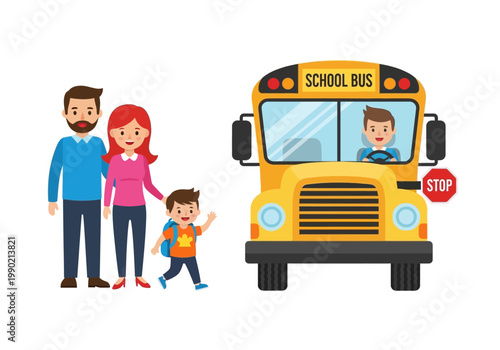 Parents Waving Goodbye to Young Son Boarding Yellow School Bus for First Day of School, Vector Illustration