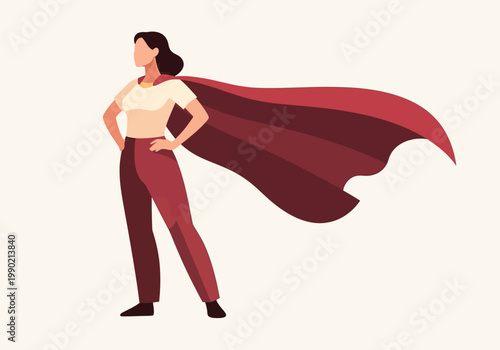 Empowered Woman Superhero Illustration, Confident Female Leader in Red Cape, Vector Concept for Business Success, Empowerment, and Strength