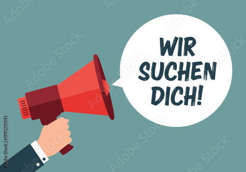 Recruitment Illustration with Megaphone and German Text Wir Suchen Dich - We Are Looking For You Job Hiring Concept