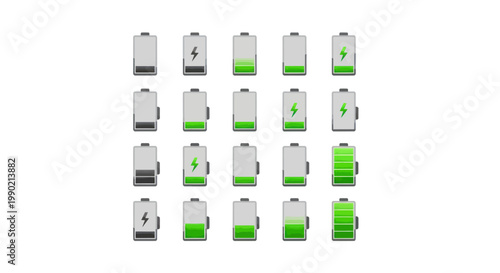 Battery Charge Levels Icons Collection: Full to Empty Energy Indicators