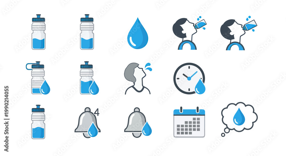 Fototapeta premium Hydration Icons: Water Bottles, Droplets, Drinking, Clock, Calendar, Reminder Bells