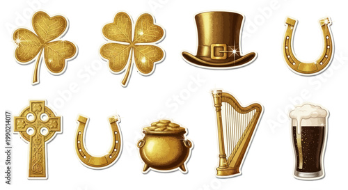 Golden St. Patrick's Day Icons: Shamrock, Leprechaun Hat, Horseshoe, Harp, Pot of Gold