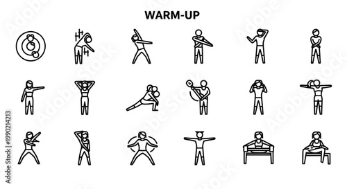 Fitness Warm-Up Exercises Icons Set: Stretching, Yoga, Bodyweight Training Poses