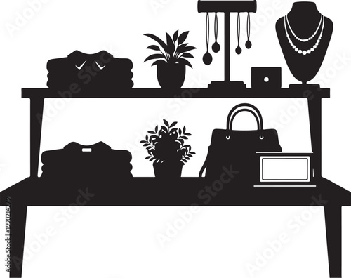 Black silhouette of accessories and jewelry on two shelves