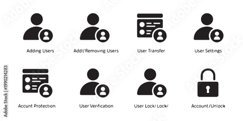 User management vector icon set, adding users, removing users, transfer, settings, protection, verification.