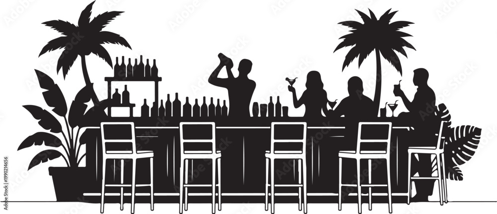 Fototapeta premium Black silhouette of people sitting at tropical bar with