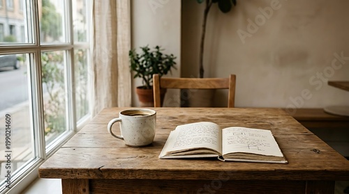 Cozy Rustic Wooden Table with Open Notebook and Mug Near Window in Bright Natural Light