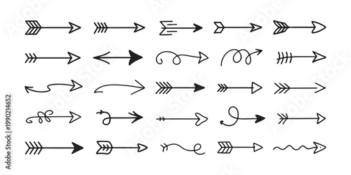 Hand drawn arrow set with ethnic fletching and tribal style details for creative vector design illustrations.