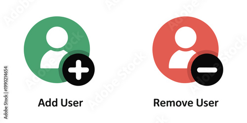Add user and remove user icons with plus and minus symbols on colored backgrounds.