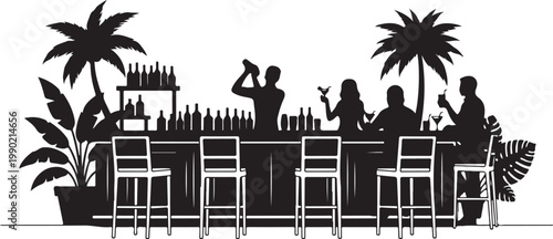 Black silhouette of people sitting at tropical bar with