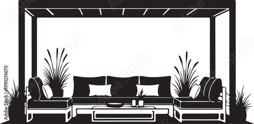 Black and white of outdoor patio furniture with plants