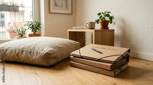 Cozy Minimalist Bedroom Corner with Pouch Pillow Plants and Wooden Nightstand