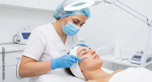 Aesthetician performing dermaplaning treatment on female client
