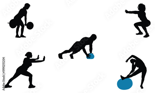 Set of fitness silhouettes doing various gym exercises such as deadlift squat push up and stretching with yoga ball isolated on white background for health and wellness concepts.