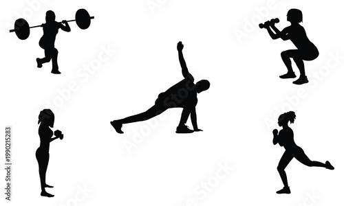 Set of fitness silhouettes doing various gym exercises such as deadlift squat push up and stretching with yoga ball isolated on white background for health and wellness concepts.