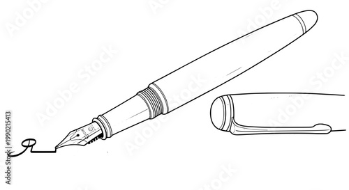 Pen writing tool with nib tip and ink flow, sketch line drawing for writing, note taking, and stationery design