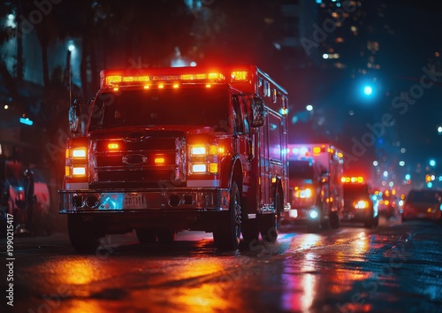 Emergency response vehicles with flashing lights on a wet city street at night, reflections visible on the pavement and illuminated buildings in the background