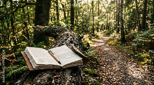 Open Notebook with Pen Resting on Tree Log in Forest Path During Daylight