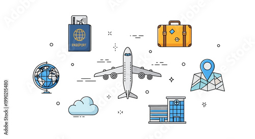 Travel and Vacation Icons: Airplane, Passport, Globe, Suitcase, Map, Building, Cloud