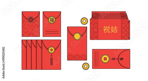 Chinese Red Envelopes with Gold Coins and Symbols for Lunar New Year Celebration