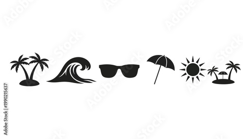 Summer Beach Icon Set Silhouette Vector Palm Tree Wave Sun Umbrella Sunglasses Black Solid Icons