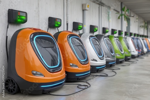 Row of modern autonomous delivery robots in various colors, charging at wall-mounted stations in a clean, contemporary urban environment