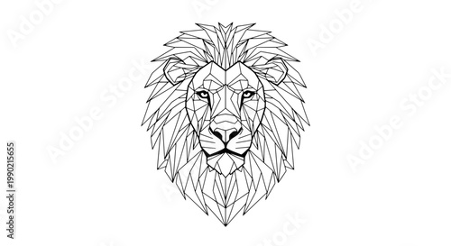 Lion head line art icon with geometric facets and angular mane, monochrome vector style for logo and tattoo design