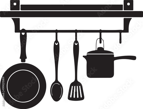 Kitchen utensils and cookware hanging on rack shelf