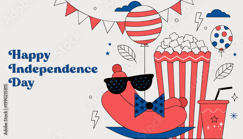 Happy independence day illustration with sunglasses bear relaxing with popcorn and soda on gray background