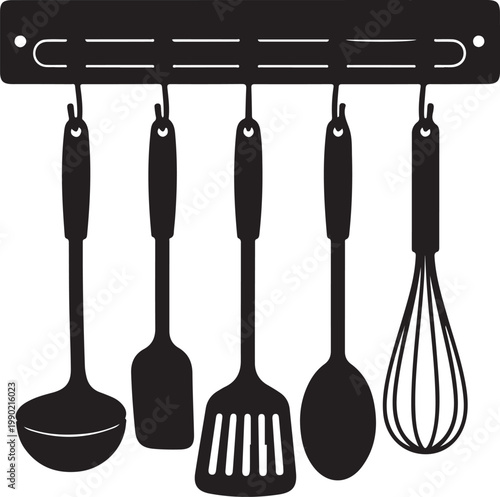 Kitchen utensils hanging on rack cooking tools spatula whisk