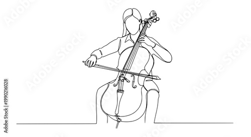 Violinist holding a cello bow and violin, single line continuous contour drawing on white background