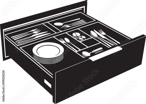 Black and white drawer organizer with plates and utensils
