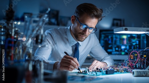 Engineer inspects a complex electronic circuit board under bright task lighting in a lab setting.